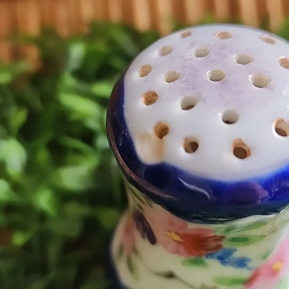 Vintage Cobalt Blue & Handpainted Floral Salt, Pepper & Cinnamon Shakers